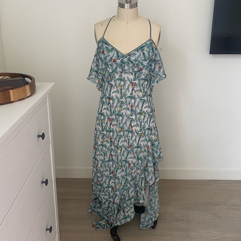 Tropical maxi dress with ruffle slit cold shoulder dress